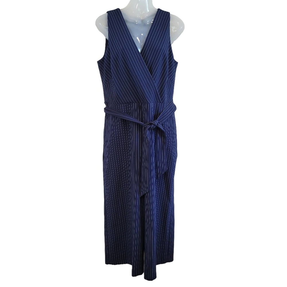 Ralph Lauren Green Label Navy Blue Pinstripe Wrap Sleeveless Jumpsuit Size 12
